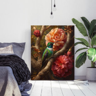 Póster Pintura al óleo de colibrí verde floral naturaleza