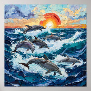 Póster Pintura al óleo de delfines paisaje marino ola del