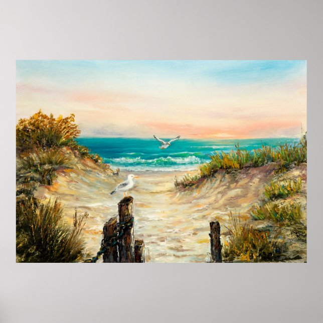 Póster pintura al óleo de dunas de playa oceánicas con ga (Frente)