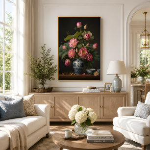 Póster Pintura al óleo de elegante loto rosa en un jarrón