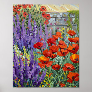 Póster Pintura al Óleo de Jardín de Amapola y Lavanda de