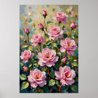 Póster Pintura al óleo de jardín de rosas rosadas