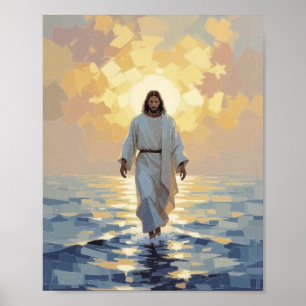 Póster Pintura al óleo de Jesús caminando sobre el agua –
