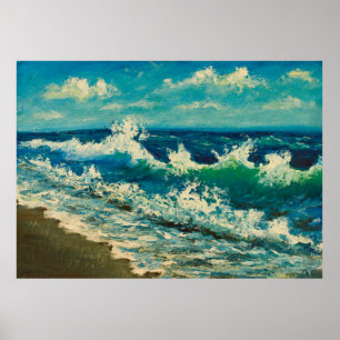 Póster pintura al óleo de la playa, bonitas olas en la la