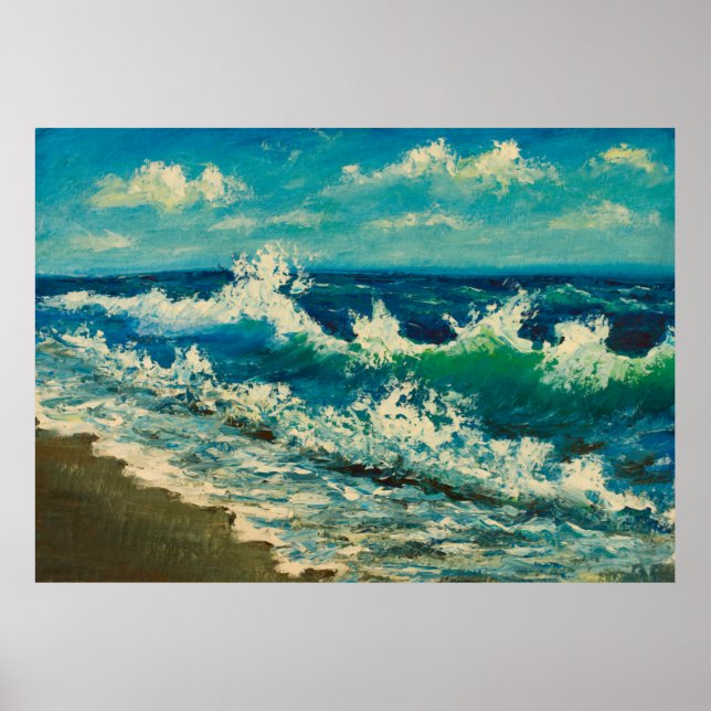 Póster pintura al óleo de la playa, bonitas olas en la la (Frente)