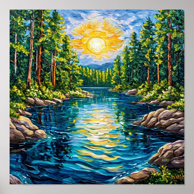Póster Pintura al óleo de lago en el bosque (Frente)