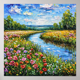 Póster Pintura al óleo de lago y campo de flores