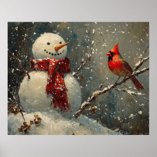 Póster Pintura al óleo de muñeco de nieve y cardenal
