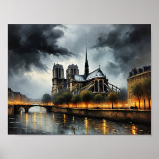 Póster Pintura al óleo de Notre Dame de París por la noch