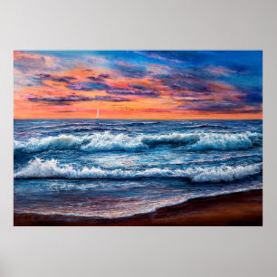 Póster pintura al óleo de Ocean y playa sobre lienzo. G r