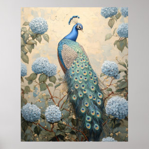Póster Pintura al óleo de pavo real elegante con hortensi