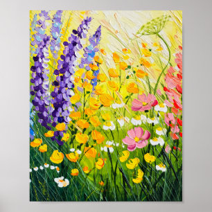 Póster Pintura al óleo de prado de flores silvestres baña
