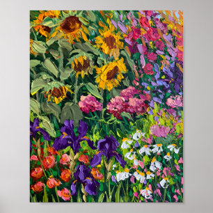 Póster Pintura al Óleo de Prado de Girasoles e Iris bajo 