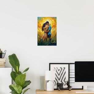Póster Pintura al óleo de romance de puesta de sol dorada