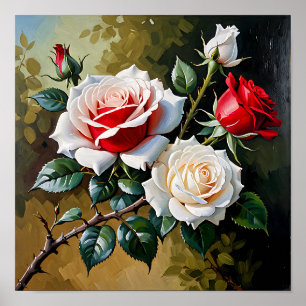 Póster Pintura al óleo de rosas rosadas blancas y rojas b
