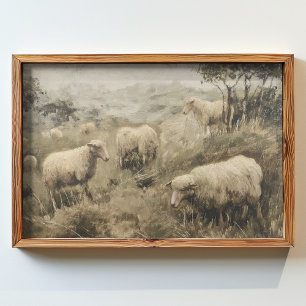 Póster pintura al óleo de un grupo de ovejas pastoreando 