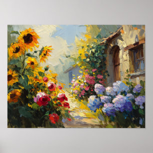 Póster Pintura al óleo de un vibrante jardín de cabaña de