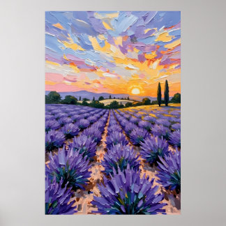 Póster Pintura al óleo del campo de lavanda al atardecer