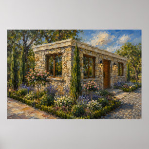 Póster Pintura al óleo del jardín de rosas y lavanda de l