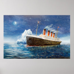 Póster pintura al óleo del Titanic y iceberg en el océano