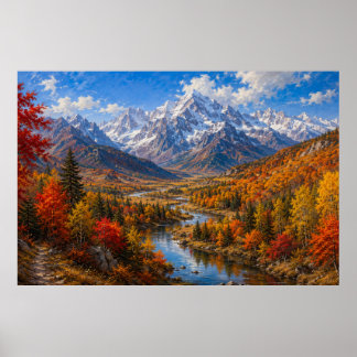 Póster Pintura al óleo del valle de la montaña de otoño