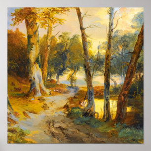 Póster Pintura al óleo dorada de árboles y río del bosque