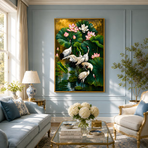 Póster Pintura al óleo dorada de loto y grulla elegante a