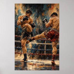 Póster Pintura al óleo expresiva de lucha de boxeo tailan