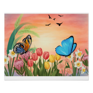 Póster Pintura al óleo floral de mariposa elegante