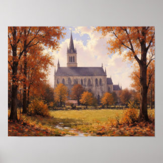 Póster Pintura al óleo impresionista de árboles de la igl