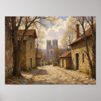 Póster Pintura al óleo impresionista de calle de pueblo e