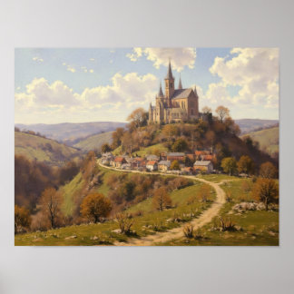 Póster Pintura al óleo impresionista del camino de la igl