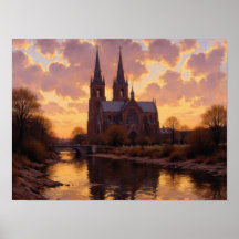 Pintura al óleo impresionista del río de la catedr