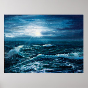 Póster pintura al óleo que muestra olas en el océano o el