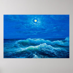Póster pintura al óleo que muestra olas en el océano o el