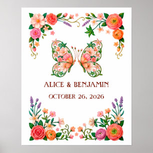 Póster Pintura al óleo romántico Floral Mariposa