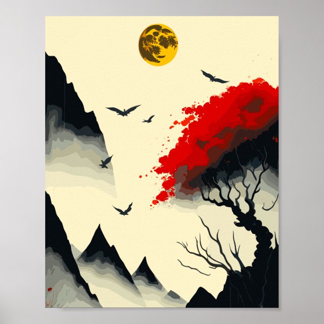 Póster Pintura antigua de tinta china: Luna dorada y rojo (Frente)