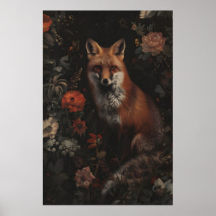Póster Pintura artística de zorro rojo del bosque oscuro,