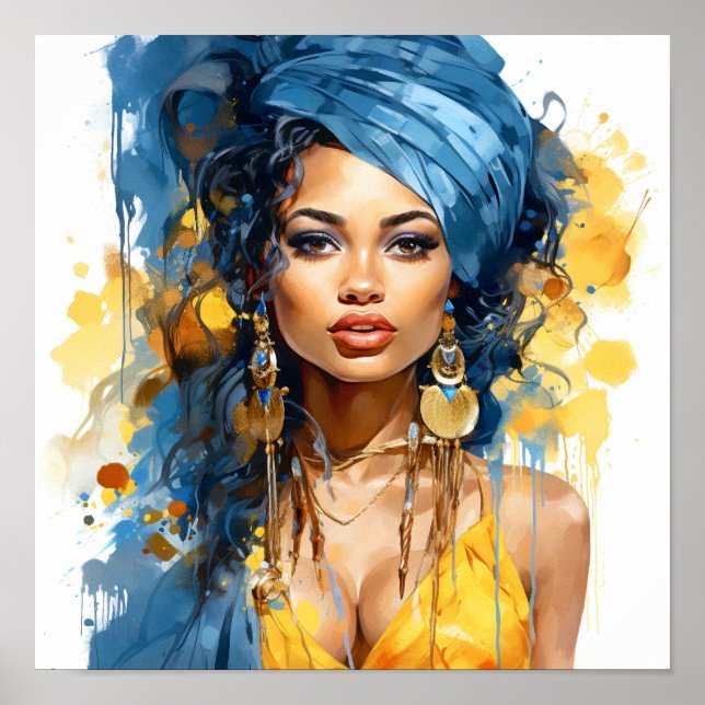 Póster Pintura azul y amarillo de una mujer afroamericana (Frente)