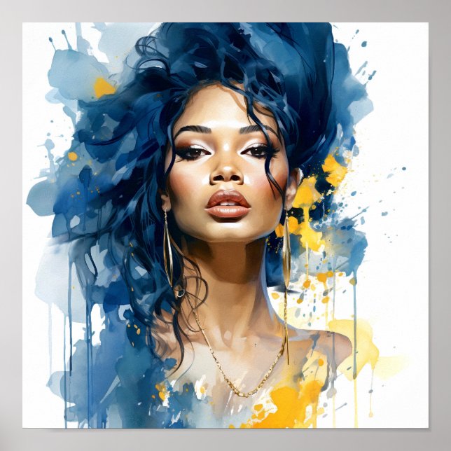 Póster Pintura azul y amarillo de una mujer afroamericana (Frente)