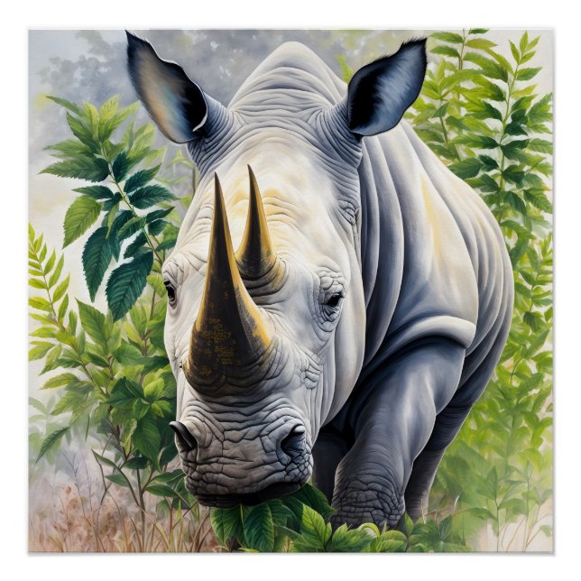 Póster Pintura botánica de rinoceronte blanco (Anverso)