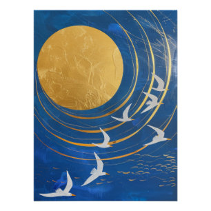Póster Pintura Celestial de Pájaros de Luna Dorada