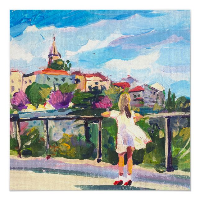 Póster pintura, chica siltrite en la ciudad medieval euro (Anverso)
