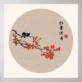 Póster Pintura china antigua de aves otoñales hojas rojas