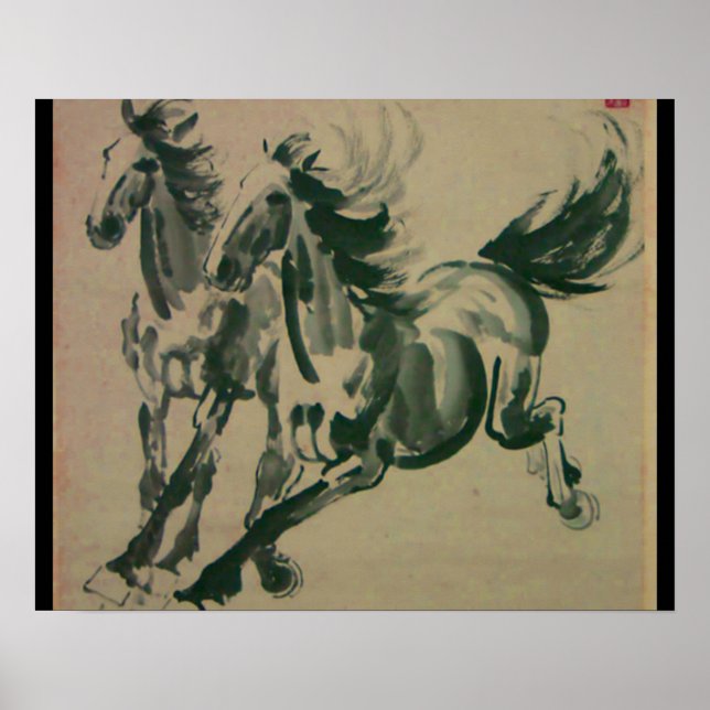 Póster Pintura china de dos caballos (Frente)