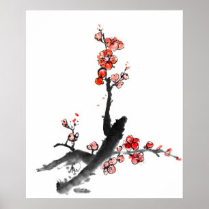 Póster Pintura china de flores, flor del ciruelo