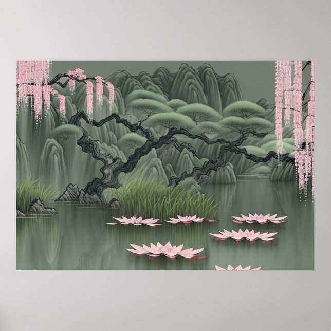 Póster Pintura China De Un Estanque Con Flores De Lotus (Frente)