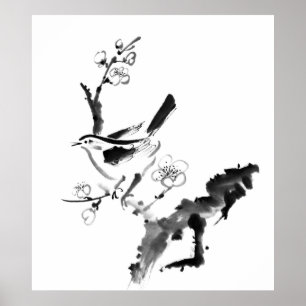 Póster Pintura china, flor del ciruelo y pájaro