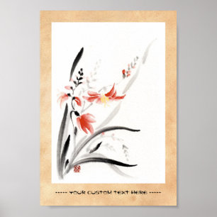 Póster Pintura clásica de flores chinas sumi-e tinta