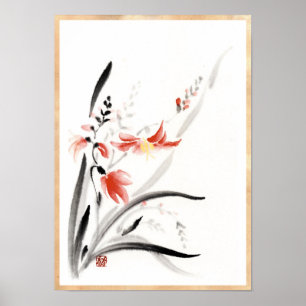 Póster Pintura clásica de flores de tinta china sumi-e